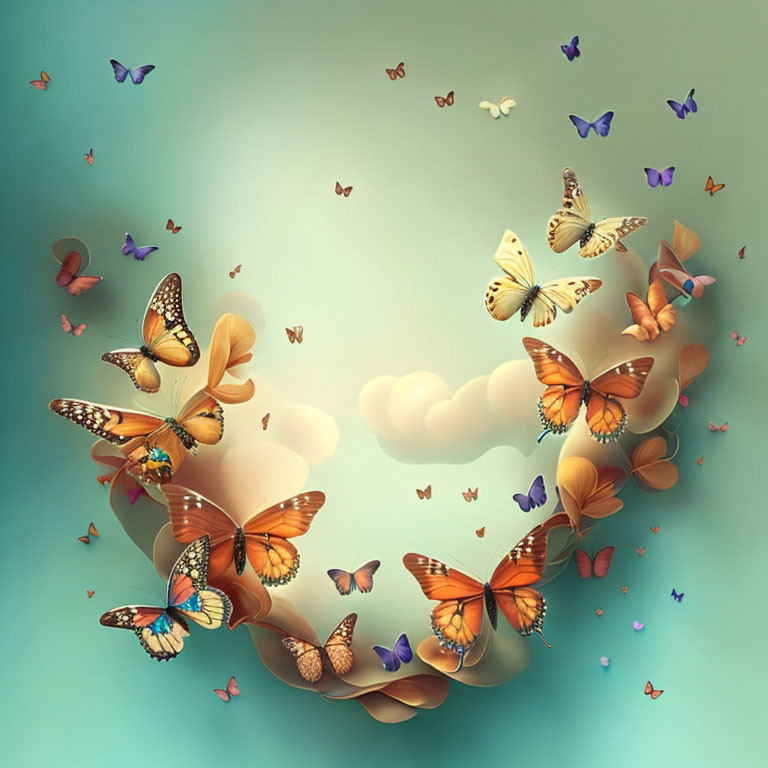 Colorful butterflies create heart shape on pastel background