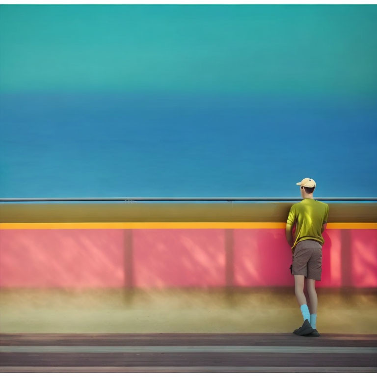 Person in Yellow Shirt Leaning on Railing by Blue Sea