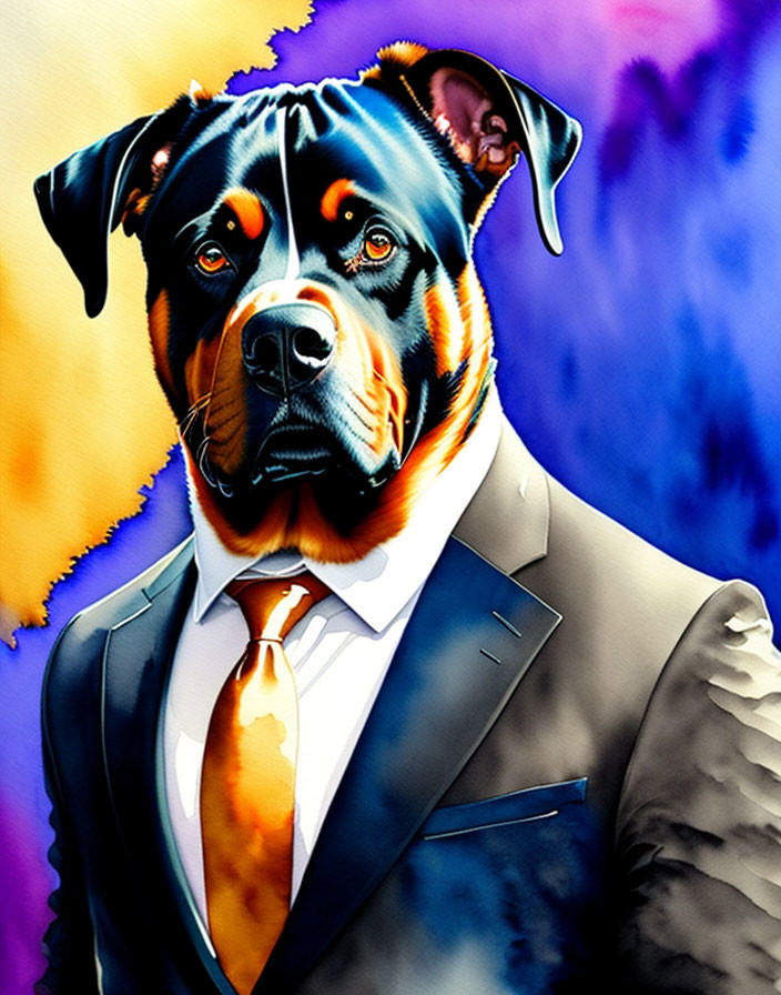 Stylized dog with human-like features in suit against abstract background