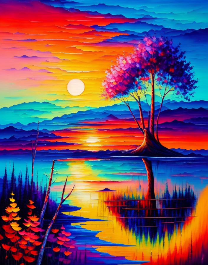 Colorful sunset painting with tree by lake and mountains