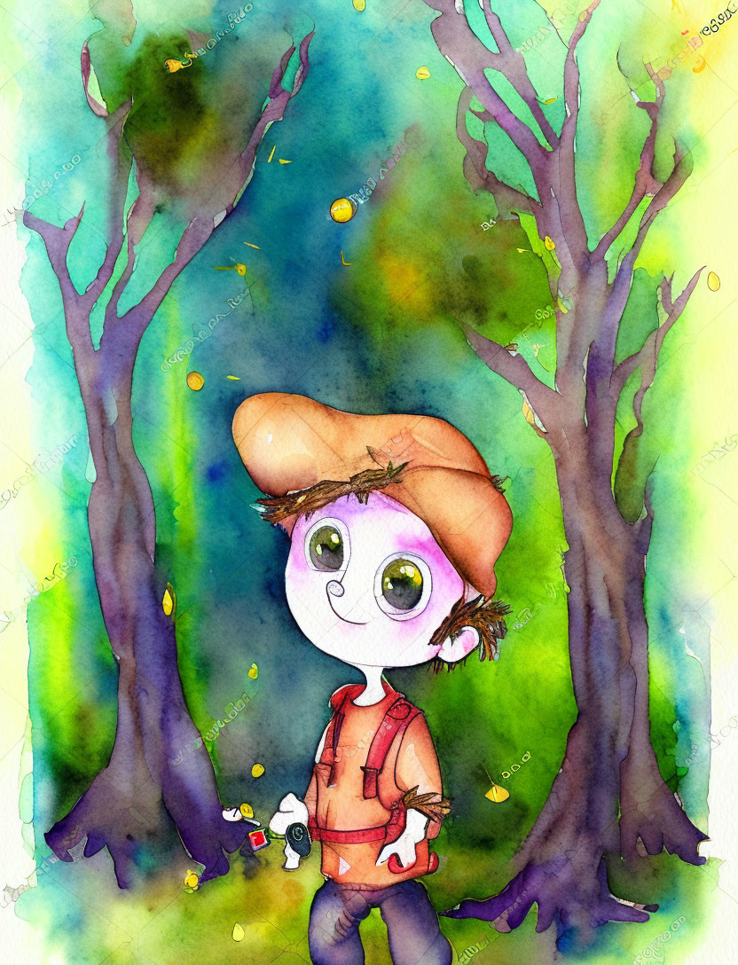 Child in cap with big eyes painting among colorful trees