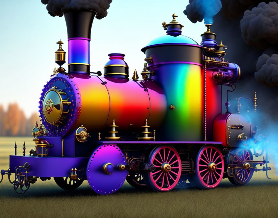 Colorful Steam Locomotive with Golden Details on Dusky Sky