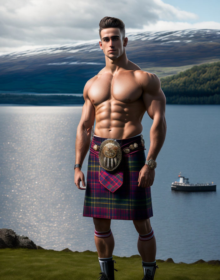 Muscular man in kilt with championship belt by lake and mountains.