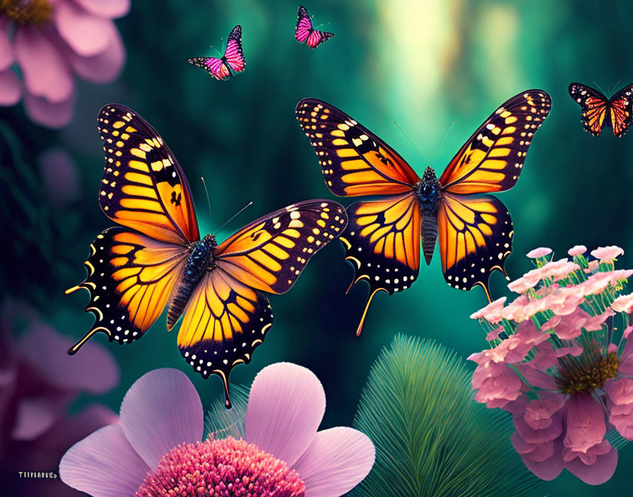 Colorful butterflies fluttering over pink flowers in green foliage.