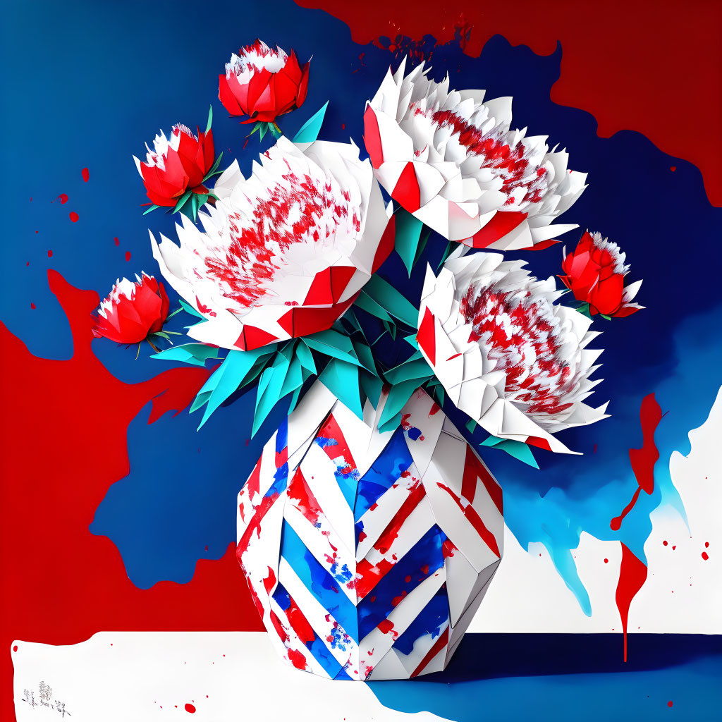 Colorful digital artwork: Vase with red and white flowers on dynamic splattered background