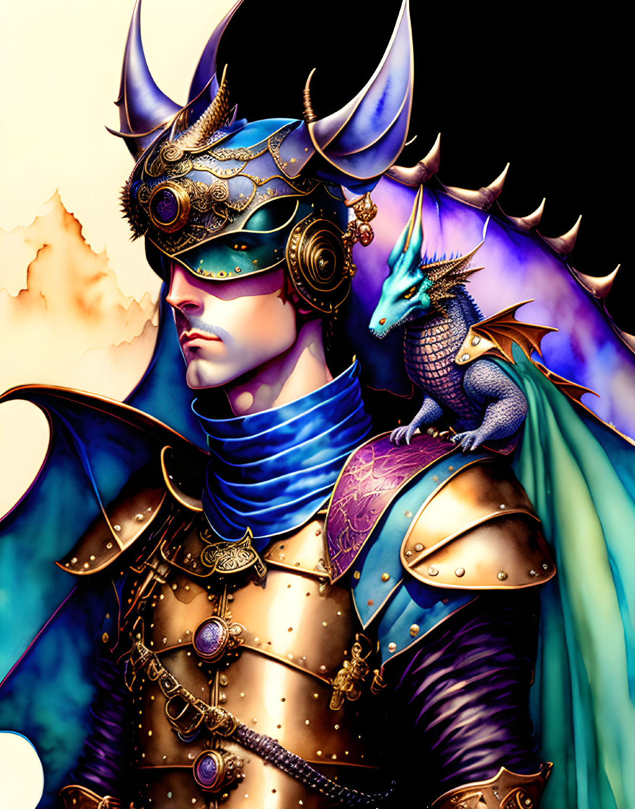 Detailed fantasy illustration: person in ornate armor with dragon shoulder perch