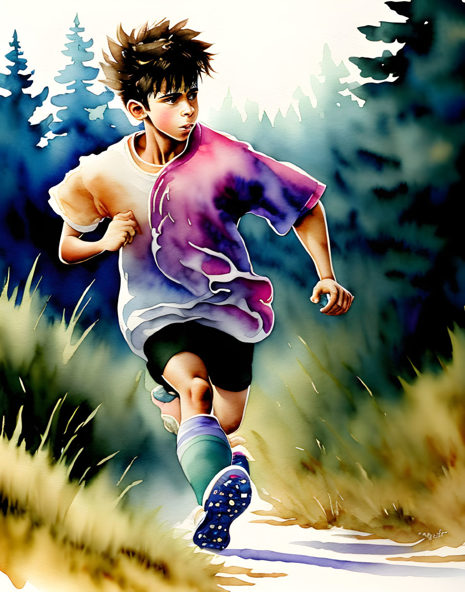 Dynamic young athlete running in forest trail with tie-dye shirt and blue shoes