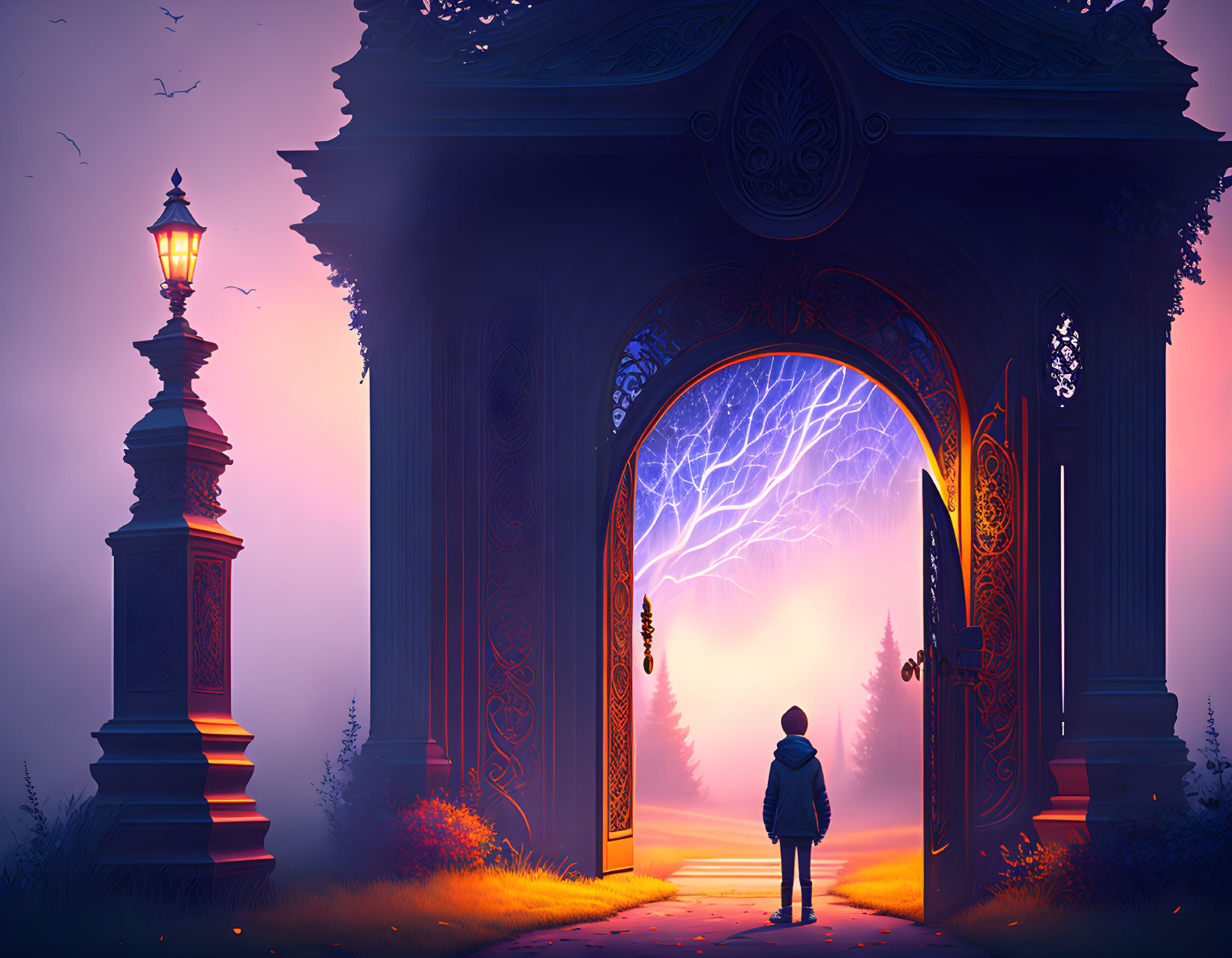 Person standing at ornate gate under mystical tree and twilight sky with streetlamp.