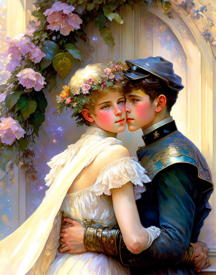 Vintage-style romantic illustration of young couple embracing among blooming flowers