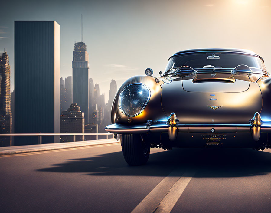 Classic Car Driving Through City at Sunset with Skyscrapers