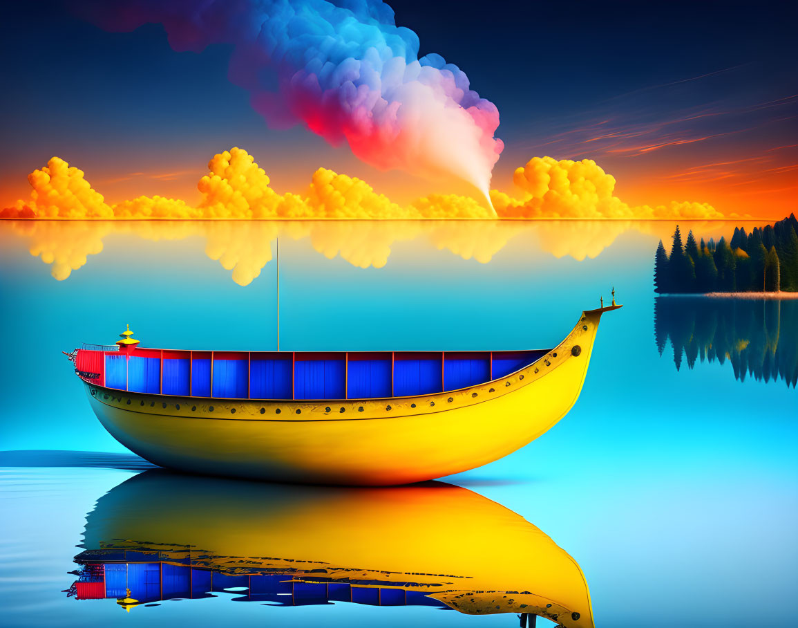 Colorful Boat on Tranquil Lake at Sunset with Dramatic Sky