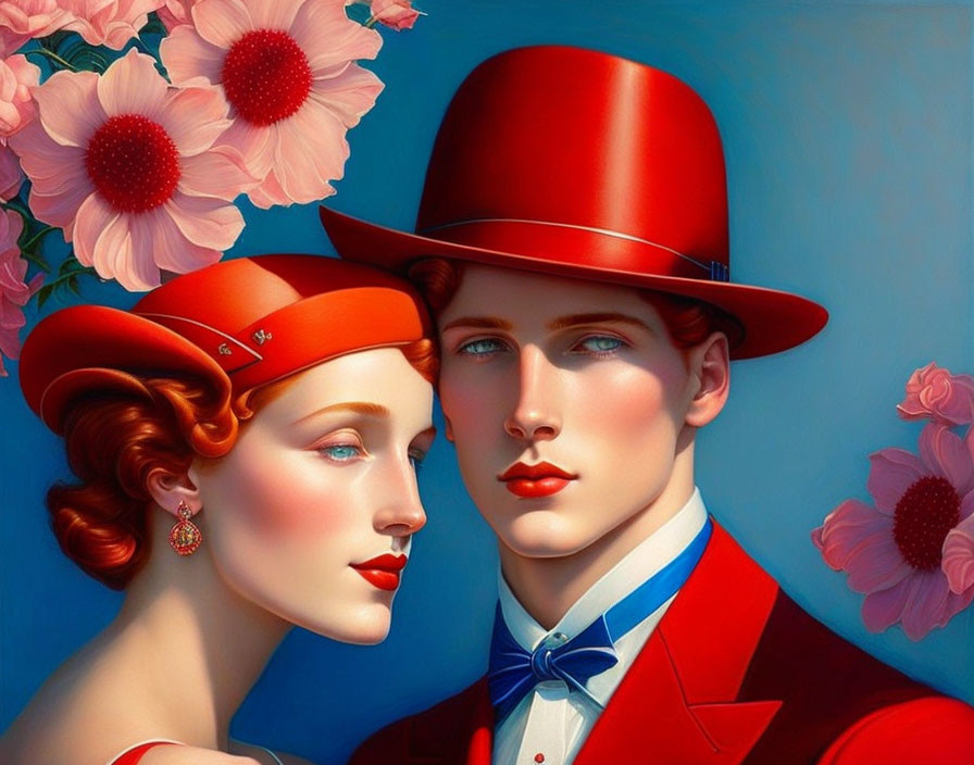 Stylized painting of man and woman in red hats against blue background