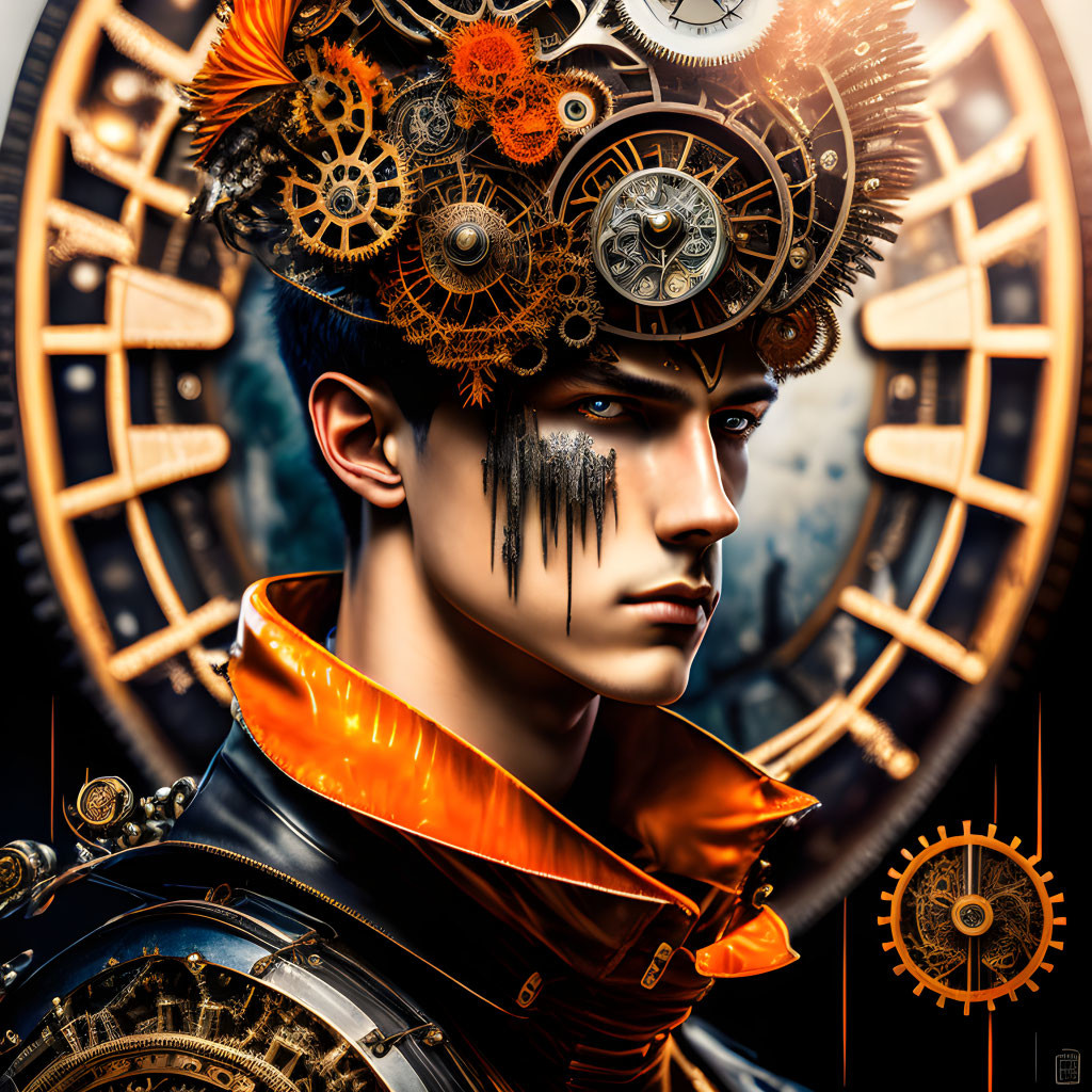 Mechanical headdress with cogs and gears on a person against clockwork backdrop