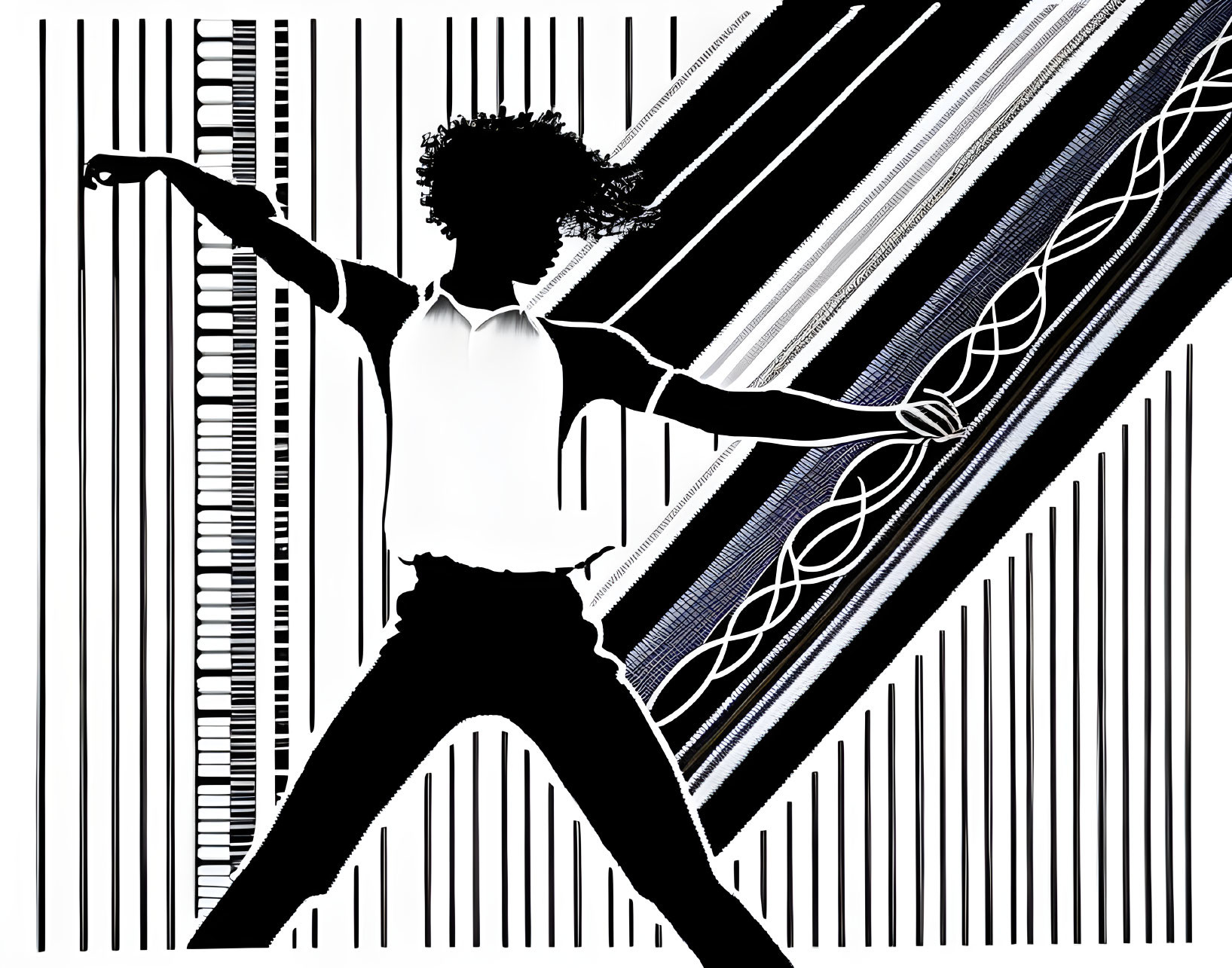 Afro-haired figure in dance pose on abstract background with black and white stripes.