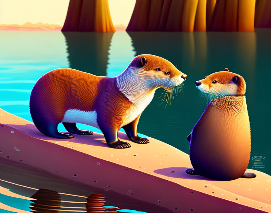 Stylized vibrant weasels with anthropomorphic features near water at sunset