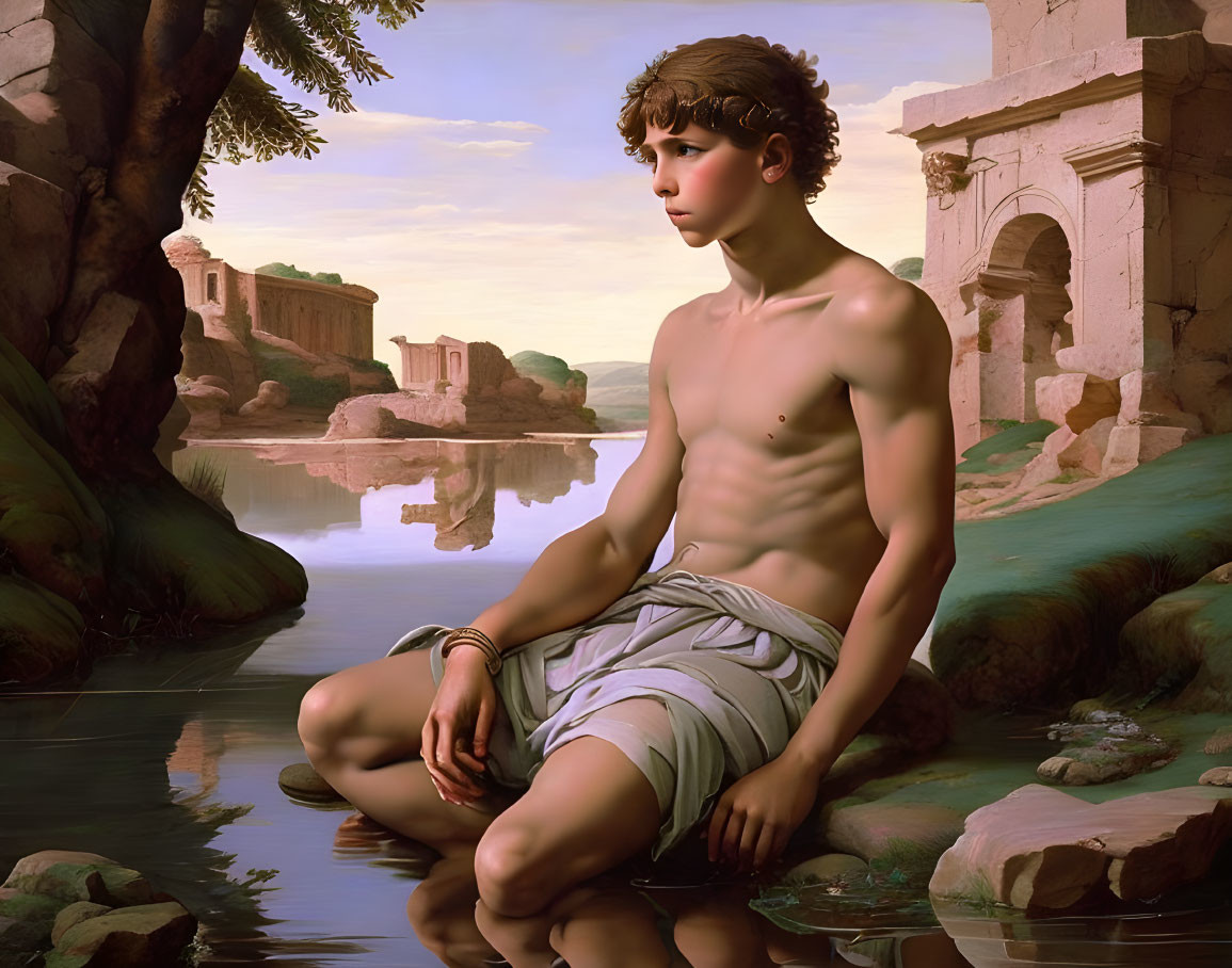 Young Person Contemplating by Serene Lake and Ancient Ruins