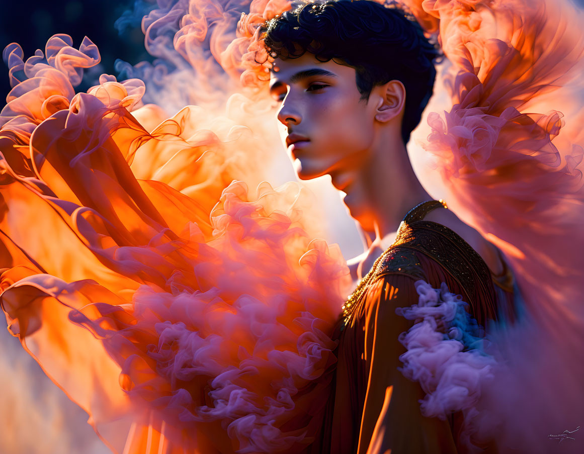 Dark-haired person surrounded by orange and red smoke, looking sideways with decorative shoulder piece.