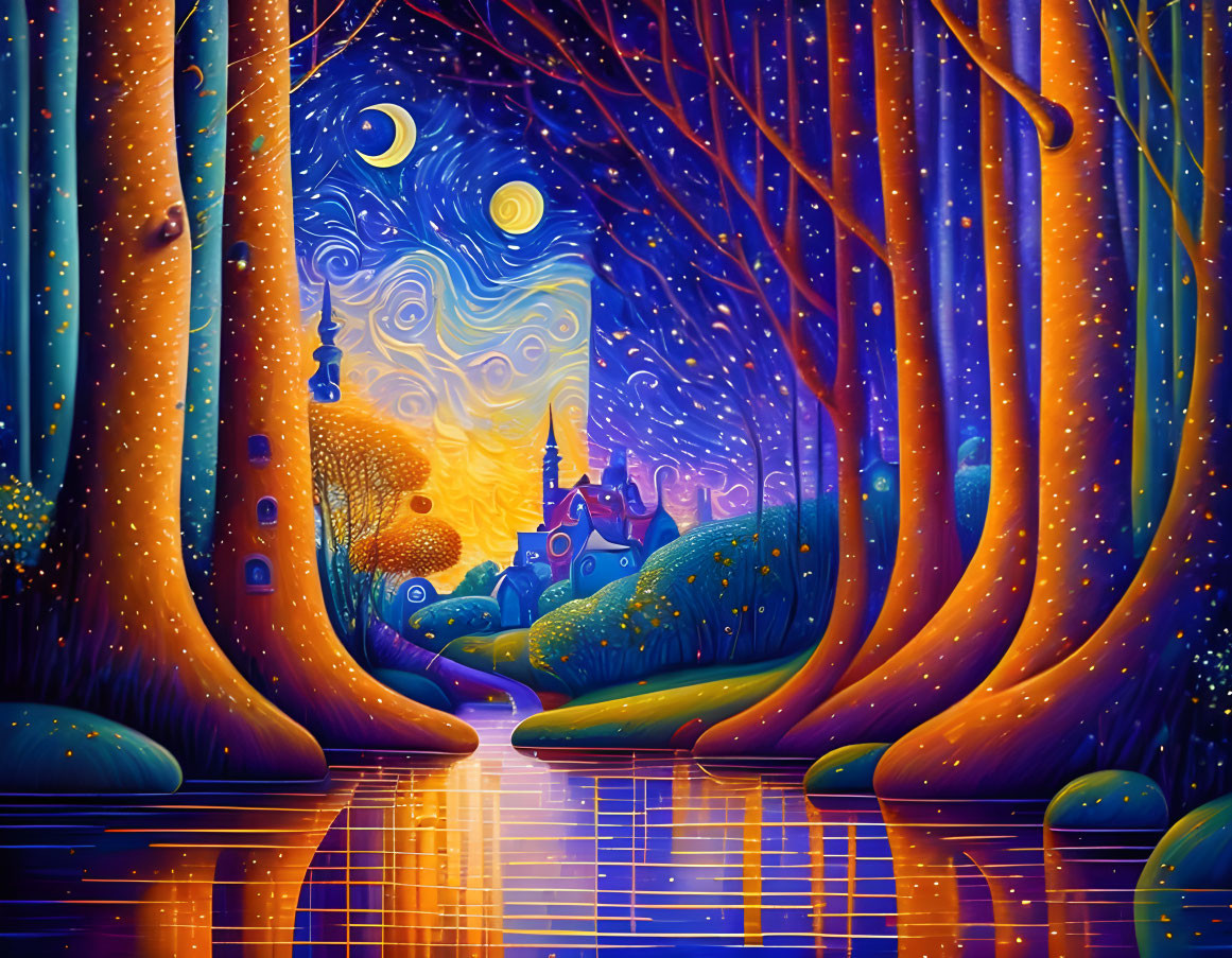 Whimsical forest painting with starry sky, moon, water pathway, and distant castle