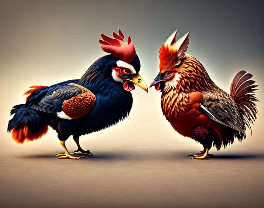 Stylized anthropomorphic chickens in fantasy-themed confrontation