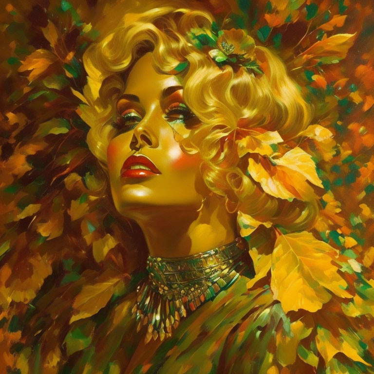 Woman's portrait with autumn leaves, golden tones, necklace, and leaf-adorned hair