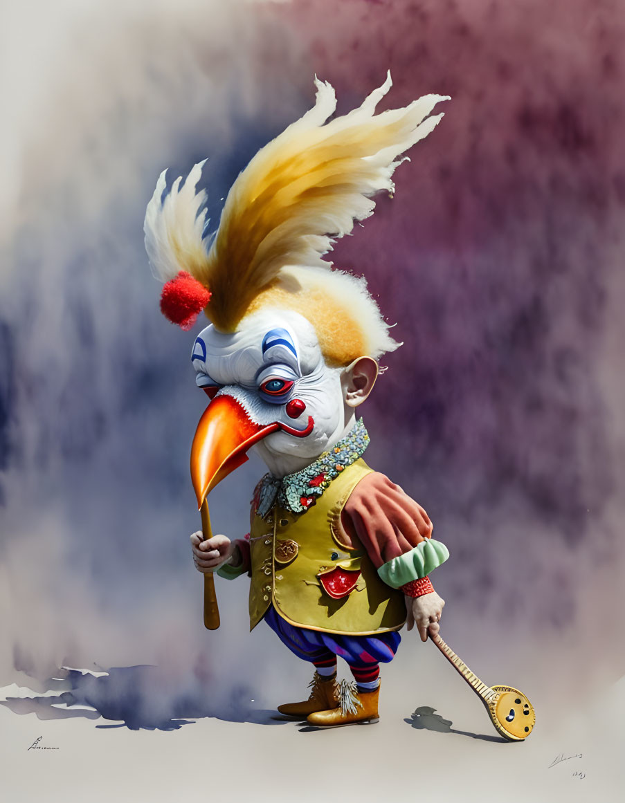 Exaggerated colorful clown with lute on moody background