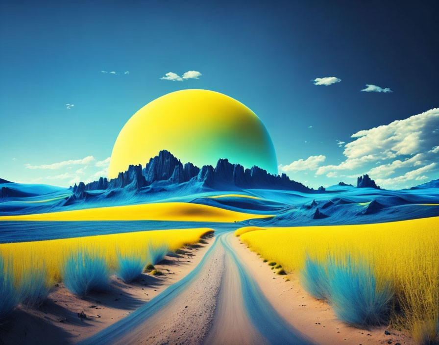 Surreal landscape with yellow sun, rocky mountains, blue sand dunes, clear sky