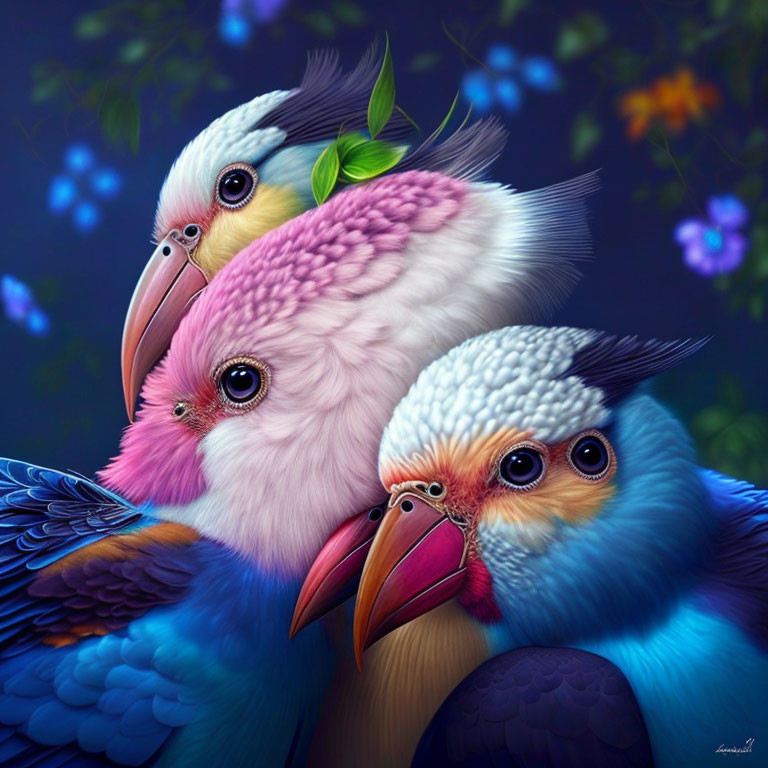 Vibrant stylized birds with colorful plumage and expressive eyes