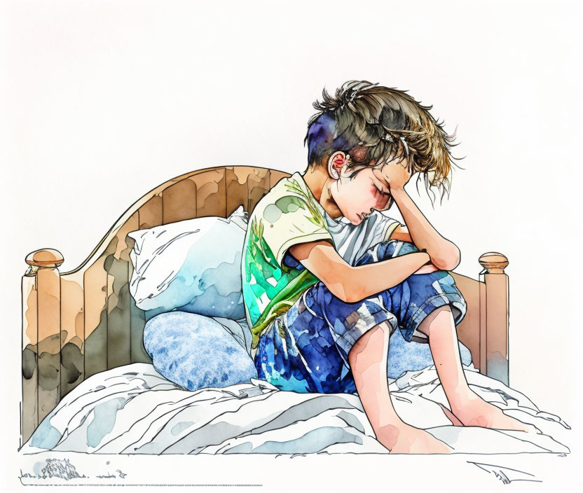 Young boy in watercolor illustration sitting on bed, looking upset.