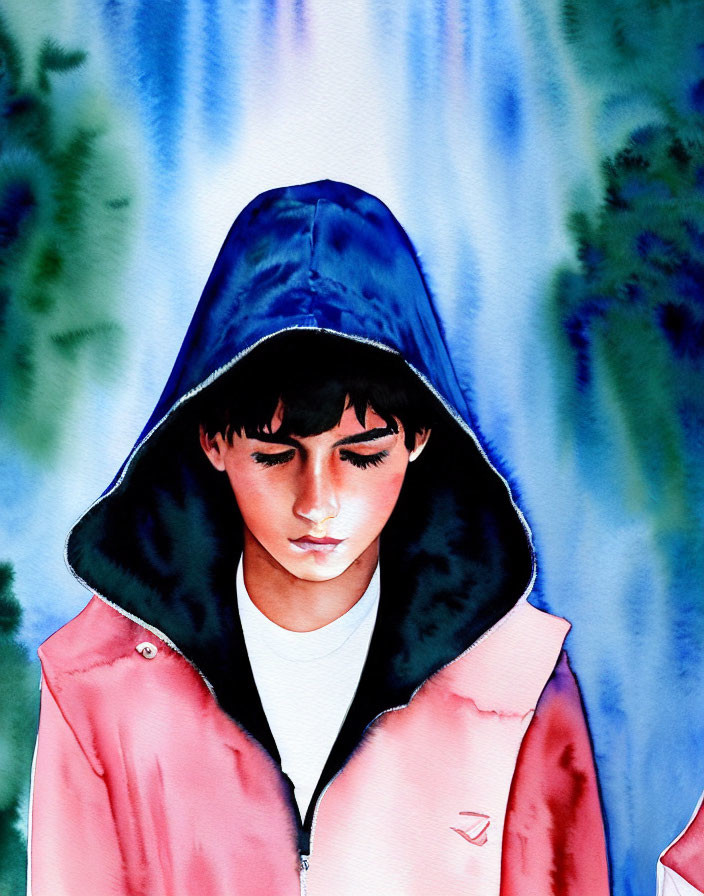 Person in Blue Hood with Pink Jacket on Abstract Background