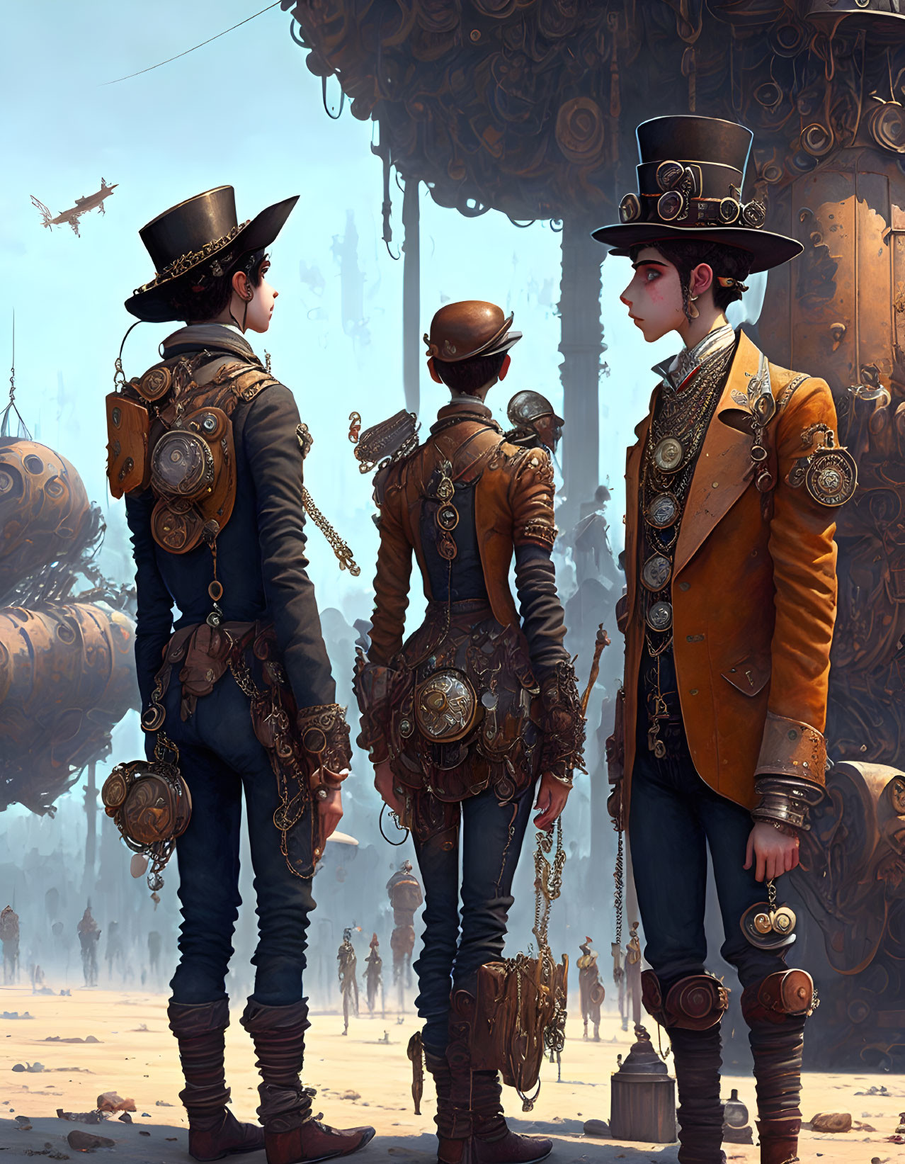 Three people in steampunk outfits in futuristic cityscape.