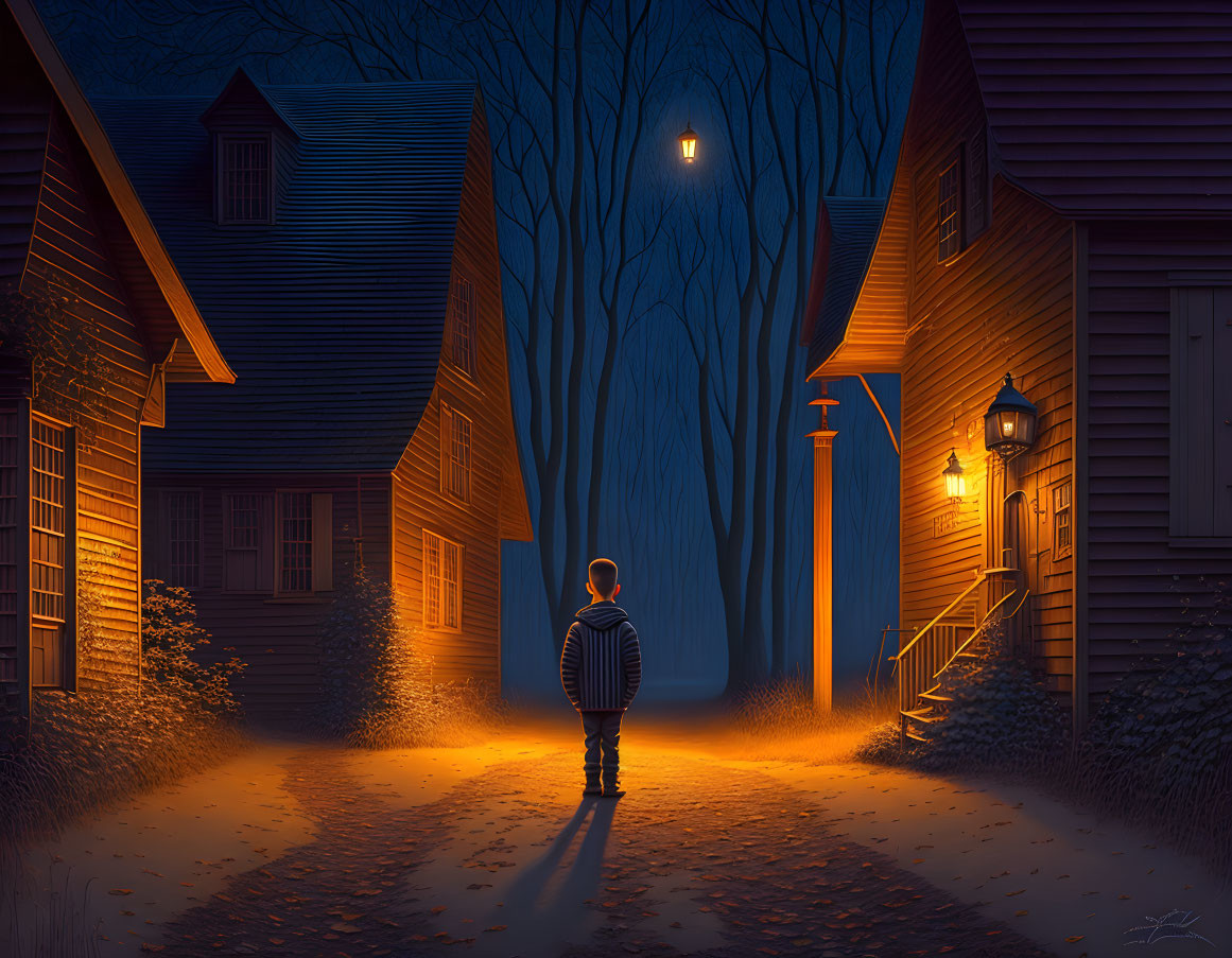 Child at Crossroad Between Two Illuminated Houses on Serene Night