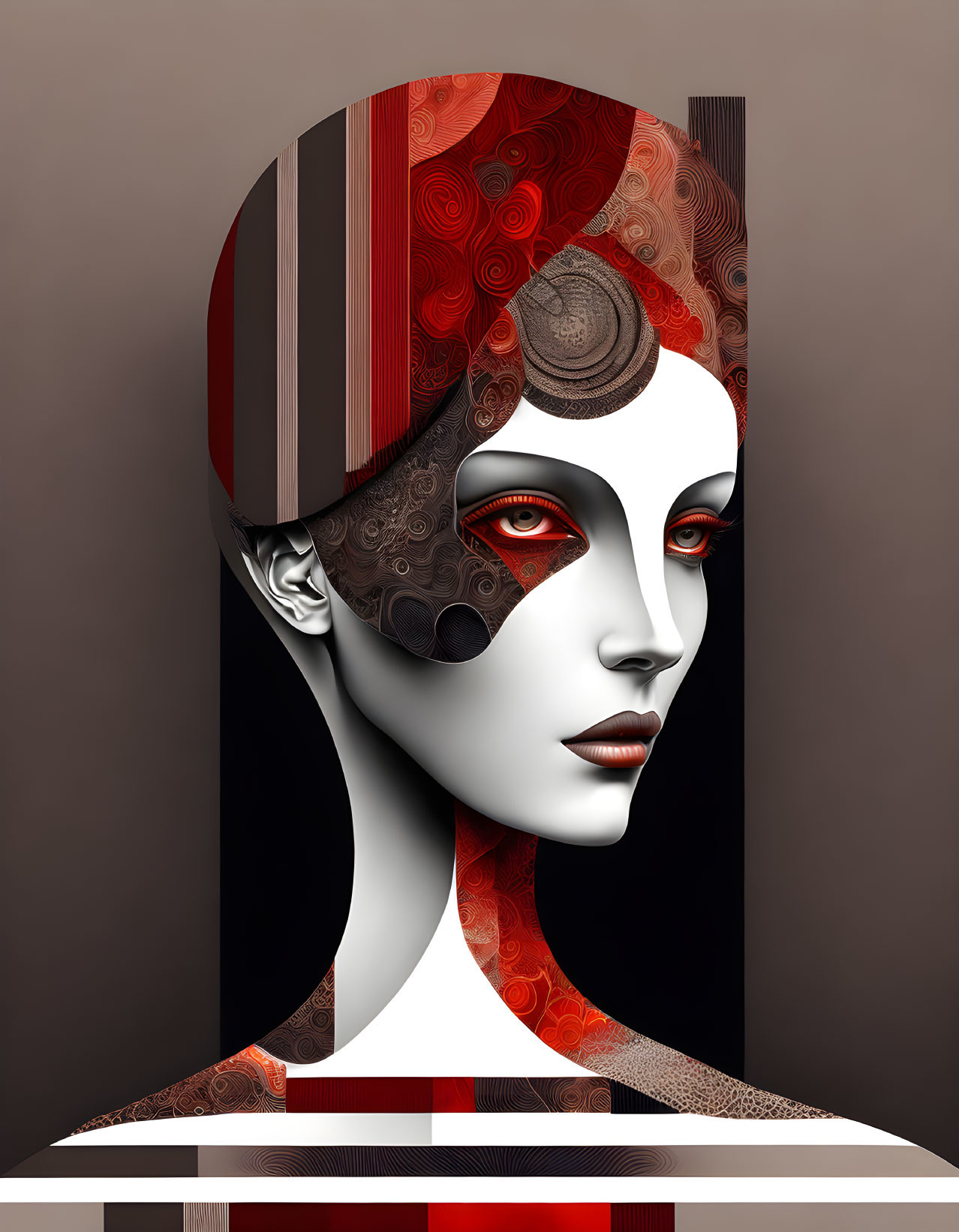 Female digital portrait with red and silver robotic features and intricate head patterns