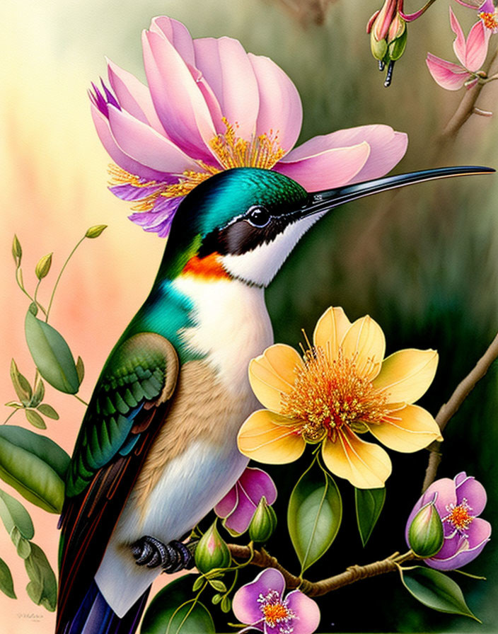 Colorful Hummingbird Illustration with Flowers on Branch