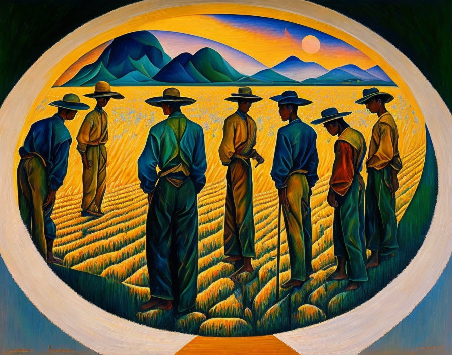 Circular wheat field sunset scene with stylized figures & mountains.