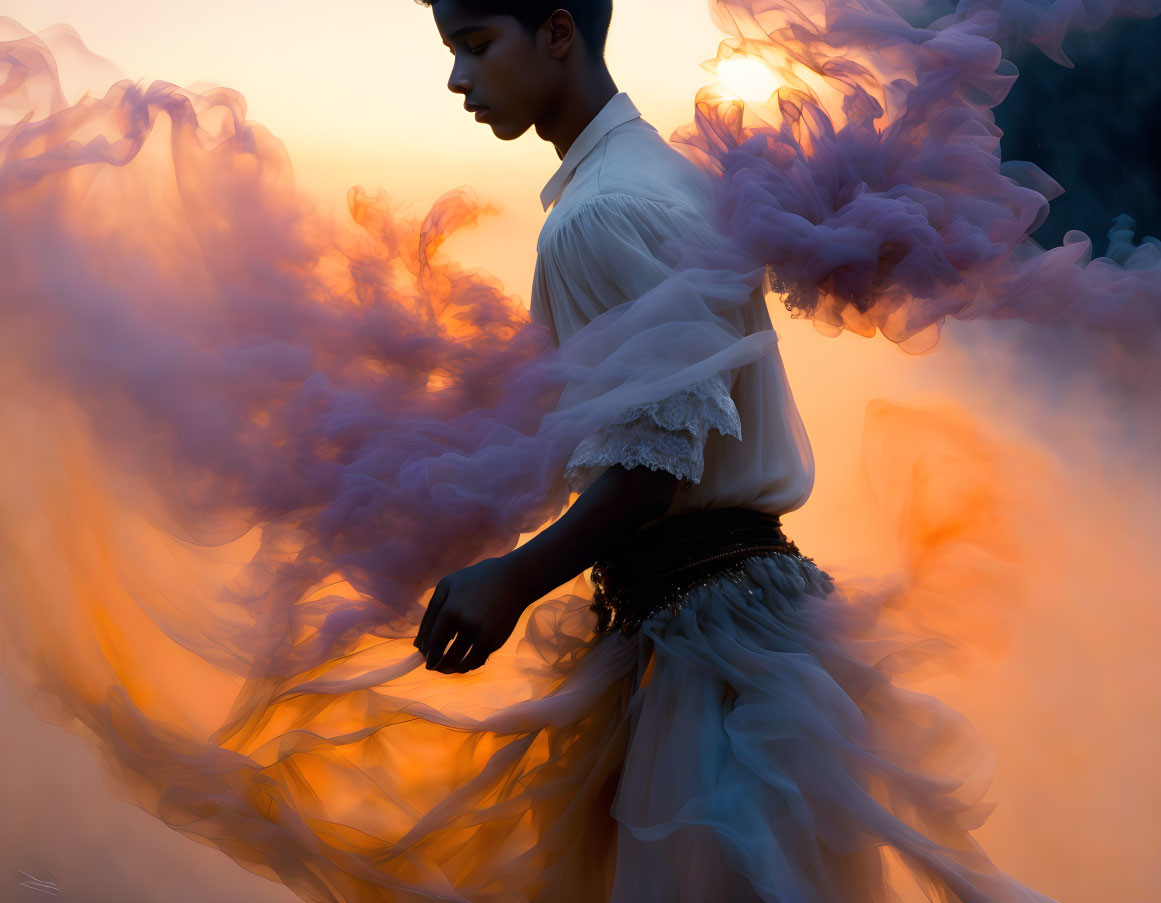 Profile of person in flowing garment amid orange and pink smoke at dusk