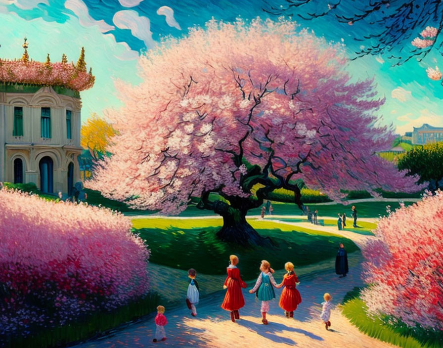 Children walking to blossoming cherry tree in spring scene