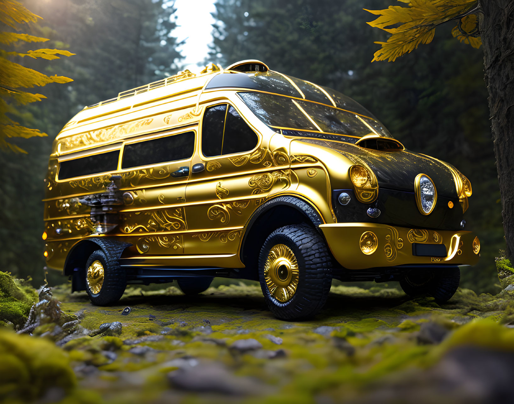 Golden ornate van with embossed designs in lush forest setting