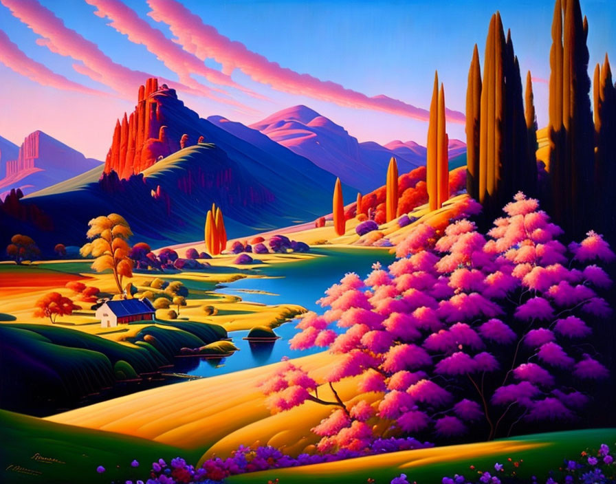 Scenic landscape with pink trees, rolling hills, lake, cypress trees, and mountains