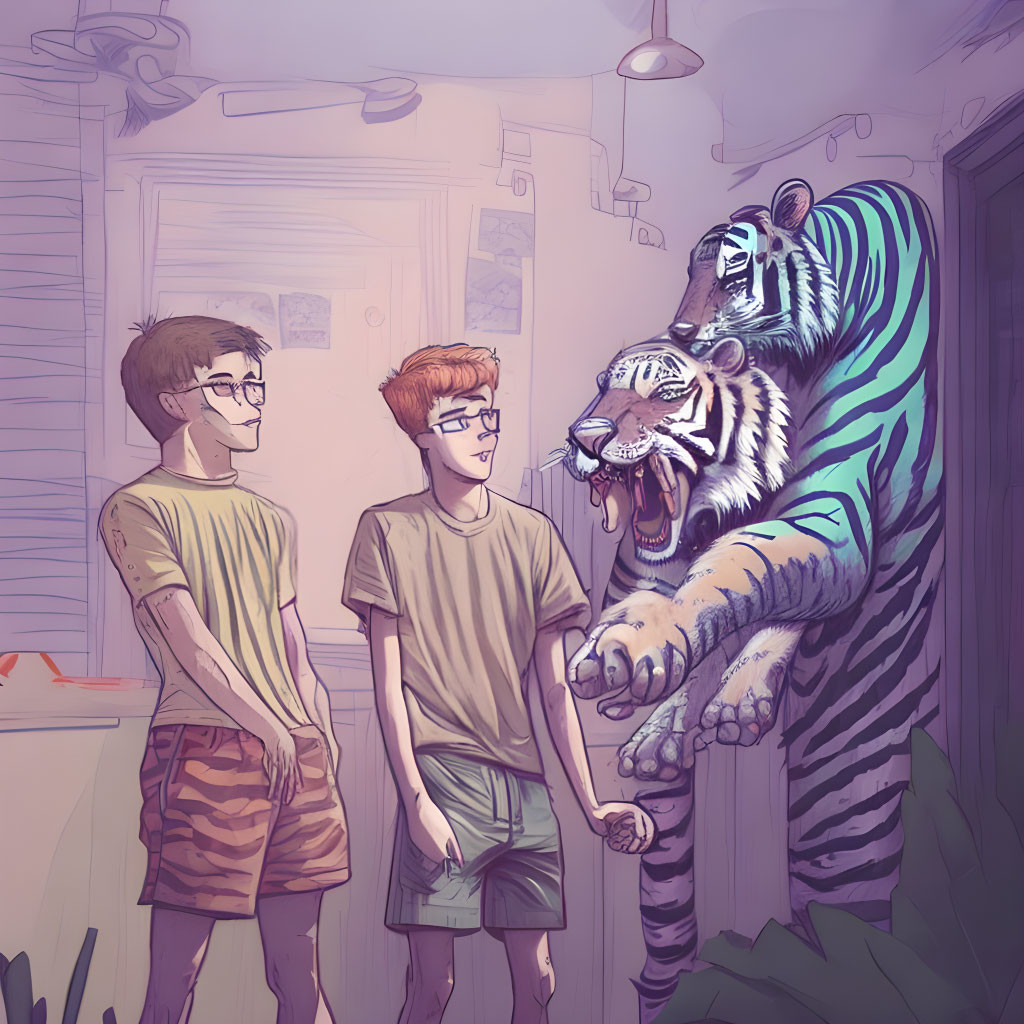 Vibrant tiger mid-growl observed by two young men in room