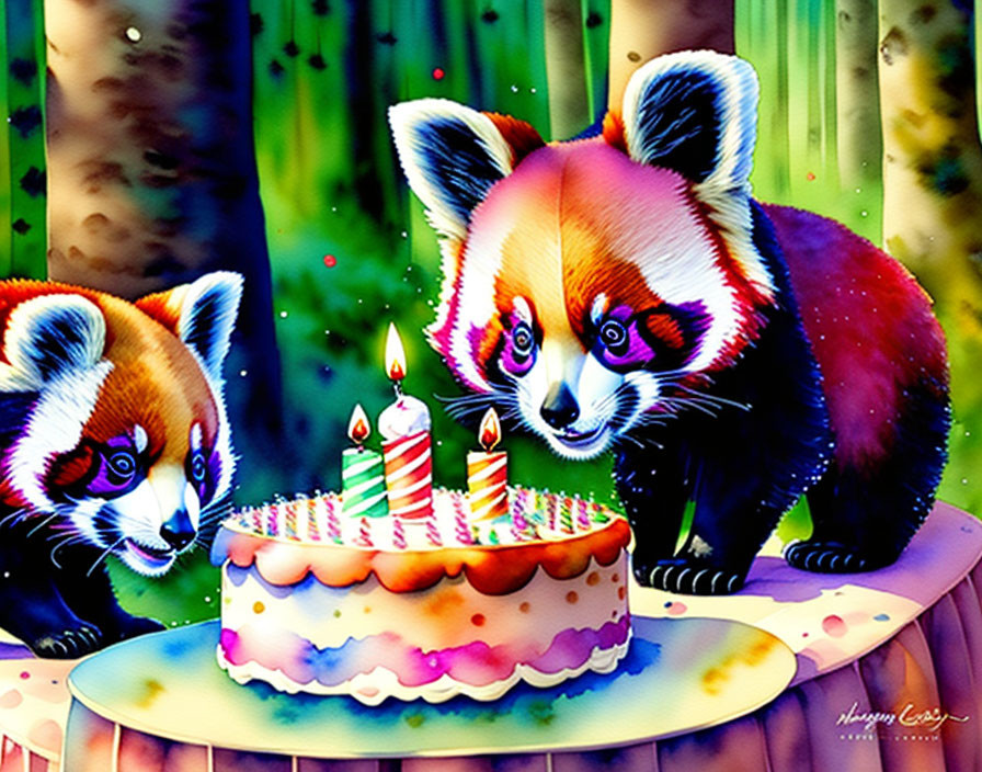 Colorful illustrated red pandas in fantastical forest with birthday cake and candles