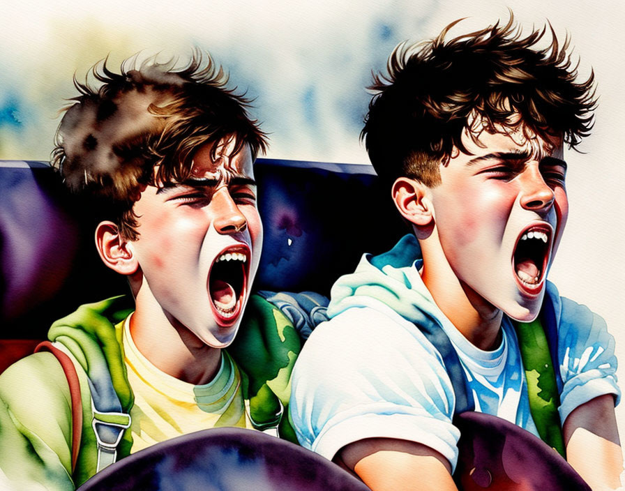 Two boys showing intense emotions while on a thrilling ride.