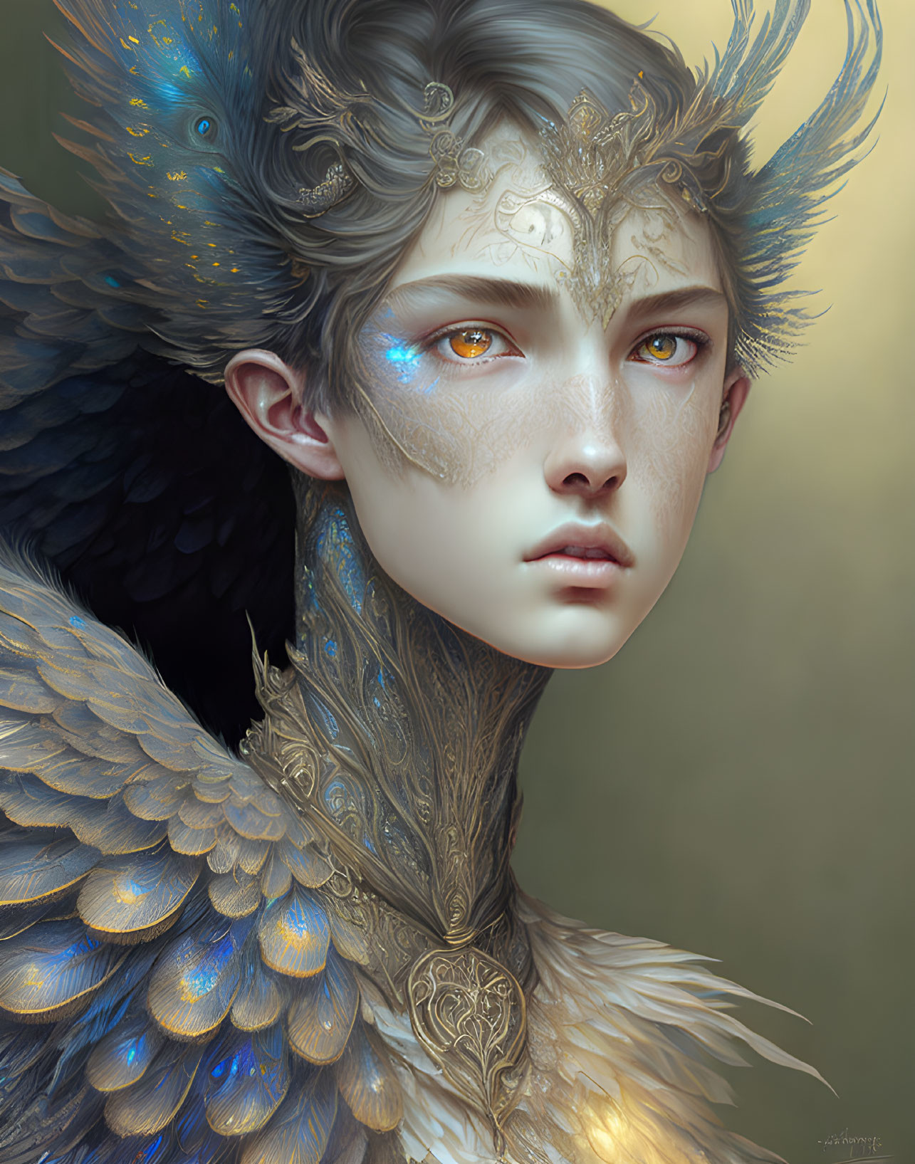 Fantastical character portrait with feathered wings and ornate headpiece