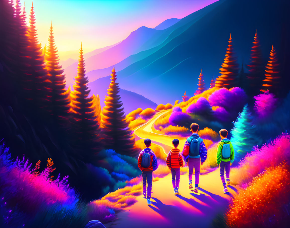 Hikers with backpacks on mountain trail at twilight