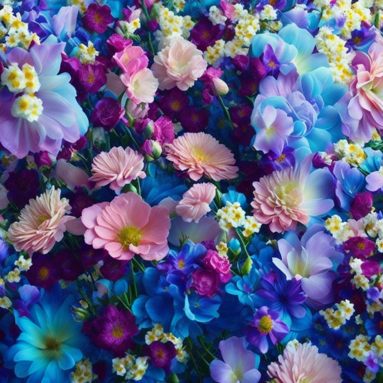 Colorful Pink, Blue, and Purple Flowers in Dense Display