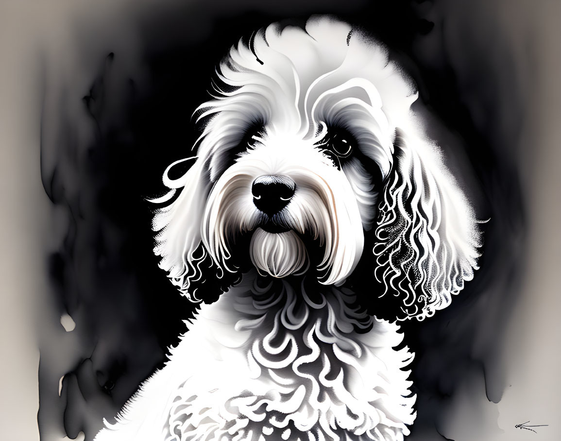 Curly-Furred Dog with Expressive Eyes in Black and White