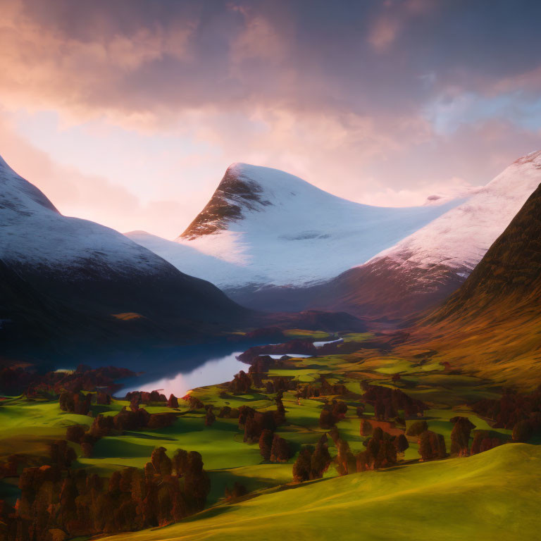 Snow-capped mountain peak at sunset over tranquil landscape