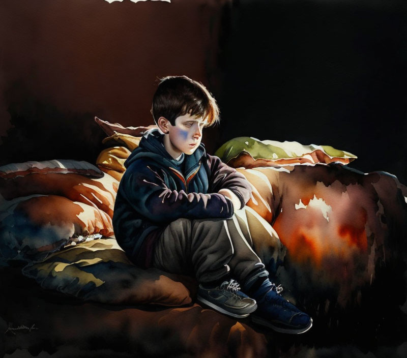 Young boy sitting cross-legged on bed, pensively looking down