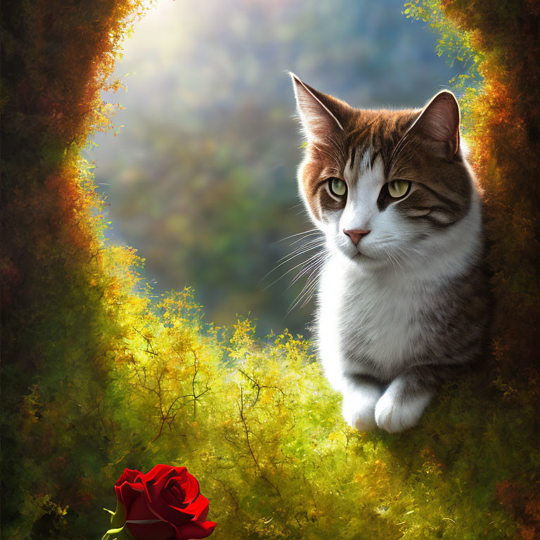 Green-eyed cat beside red rose in sunlit forest glade