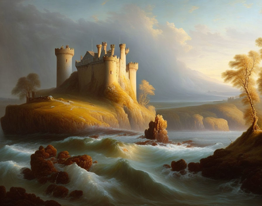 Ethereal landscape painting of majestic castle on cliff by tumultuous seas