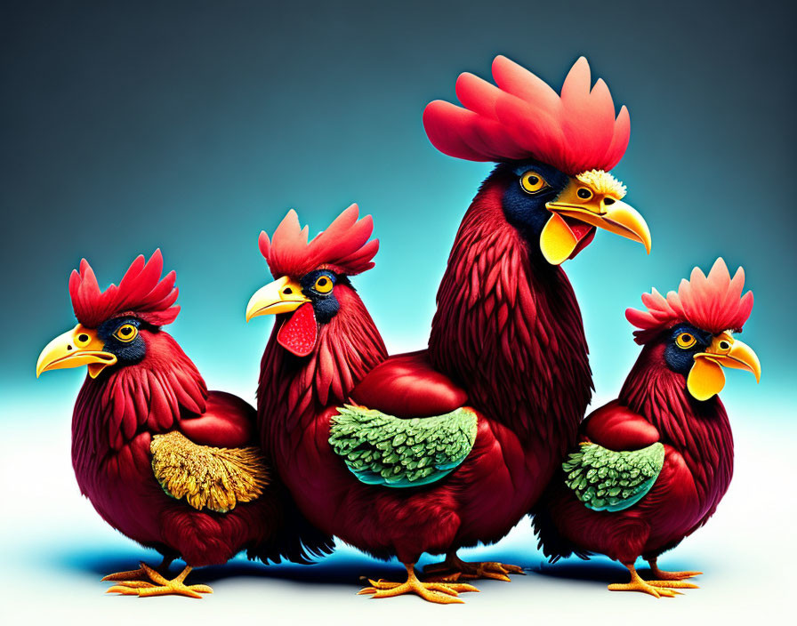 Four stylized red roosters on gradient blue background with green feathers